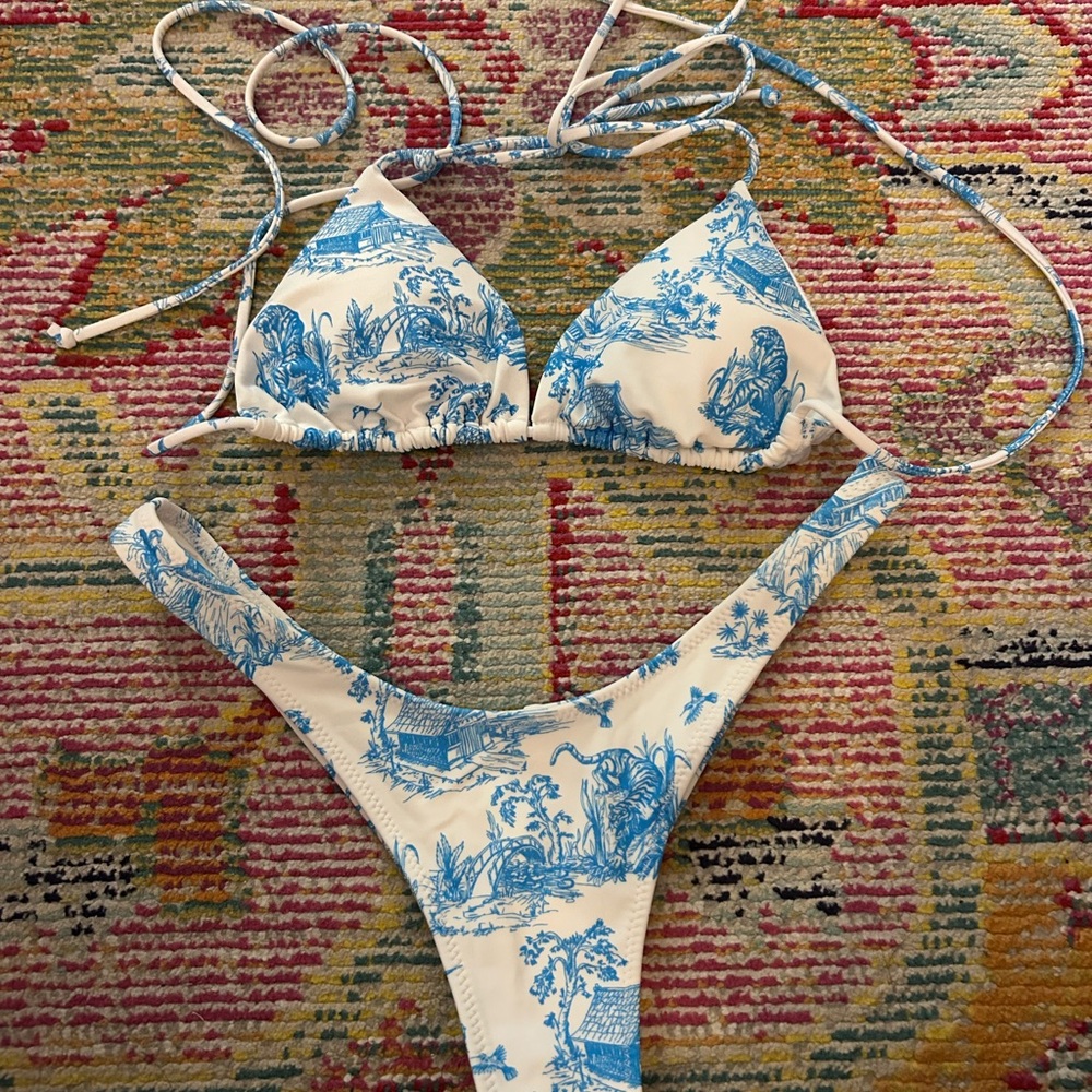 White Fox Boutique White and Blue Scenic Toile Bikini Set